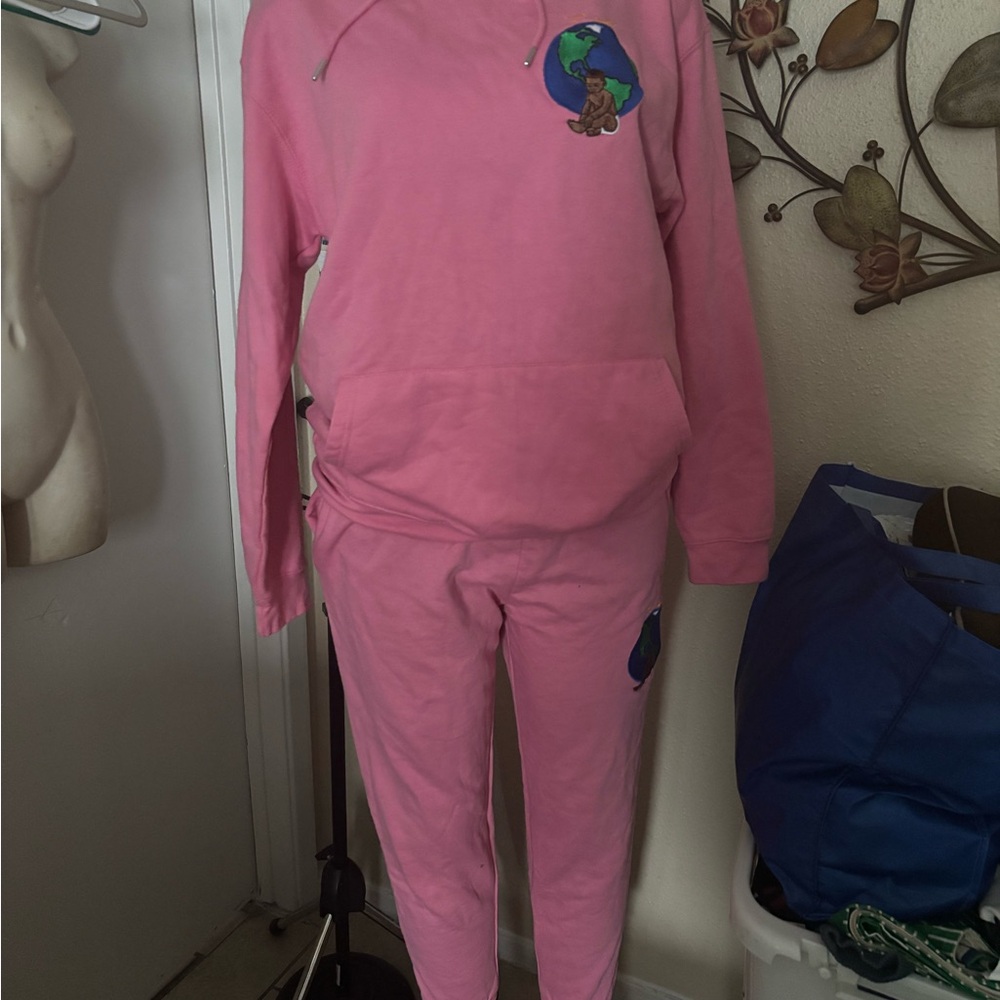 Pink Hoodie and Sweatpants Set with Earth Patch